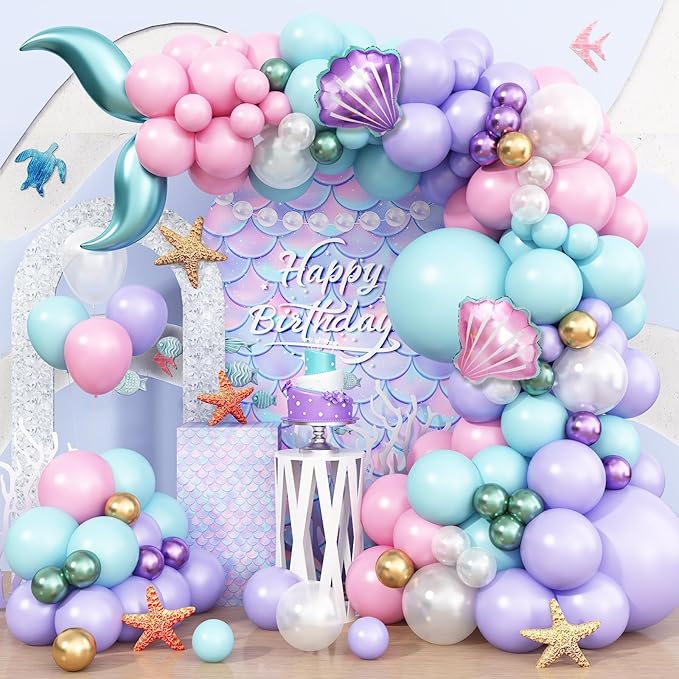 Mermaid Balloon Garland Arch Kit, Pastel Pink Purple Teal Blue Clear Latex Balloons with Mermaid Tail Seashell Foil balloons, for Girls Little mermaid Party Decorations Under the Sea Birthday Supplies