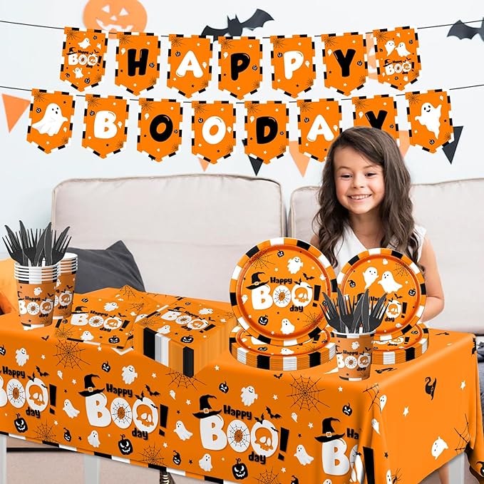 Boo Day Party Decorations,142pcs Halloween Party Tableware Set Include Happy Boo Day Plates Napkins Cups Boo Tablecloth Banner Decoration Orange Ghost Party Supplies for Halloween Birthday Baby Shower