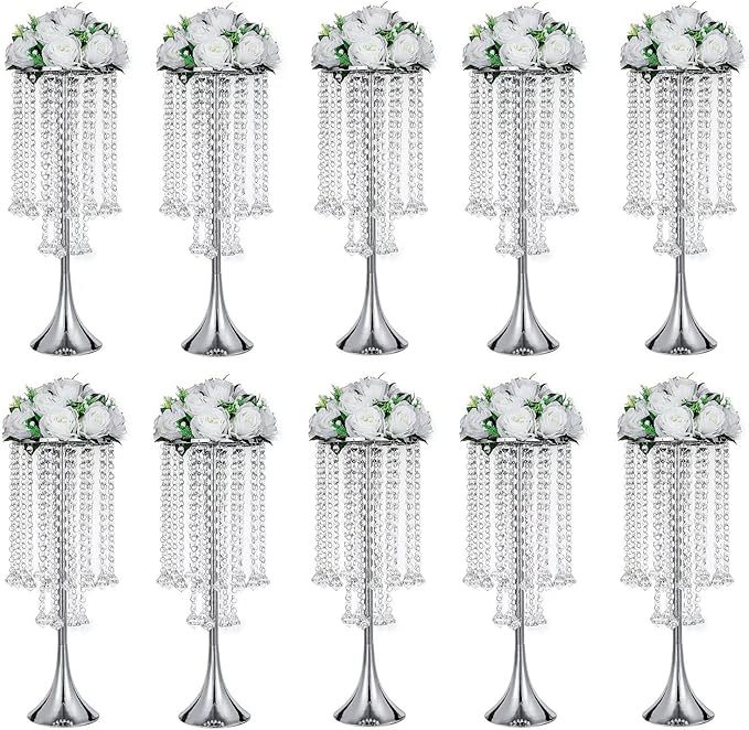 10Pcs 21.88" Tall Elegant Centerpieces with Chandelier Crystals Metal Vase Silver Flower Stand for Table Wedding Centerpieces Decorations, Birthday,Event, Home, Party