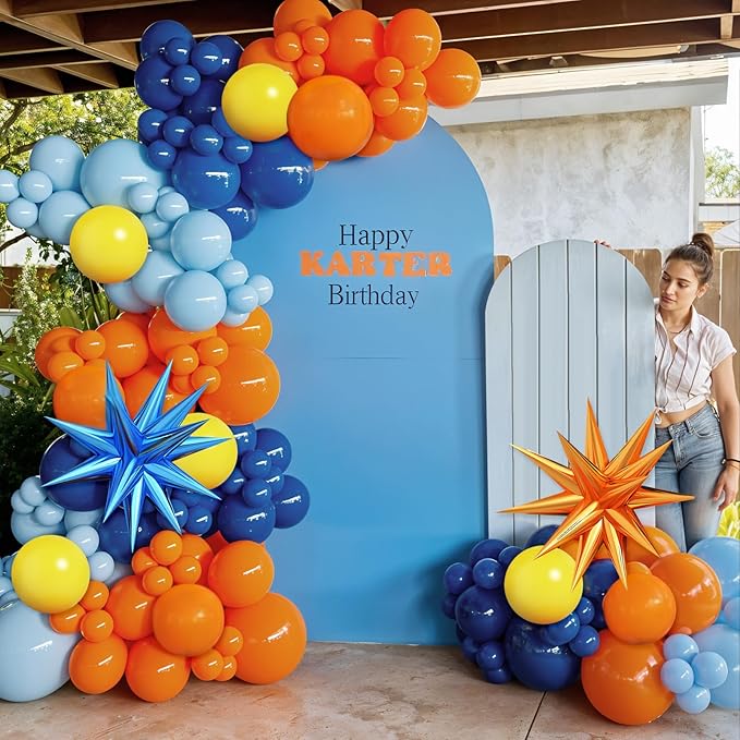Blue and Orange Yellow Balloon Arch Kit with Star Foil Balloons, Orange Blue and Yellow Balloons Garland Kit for Kids Birthday Baby Shower Graduation Engagement Party Decorations Supplies