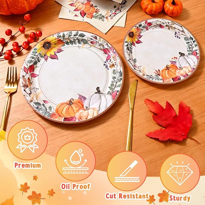 Homlouue 200 Pcs Fall Paper Plates and Napkins, Thanksgiving Plates and Napkins Sets, Fall Pumpkins Wreath Plate Disposable Party Supplies, Heavy Duty Thanksgiving Paper Plate (9" & 7")