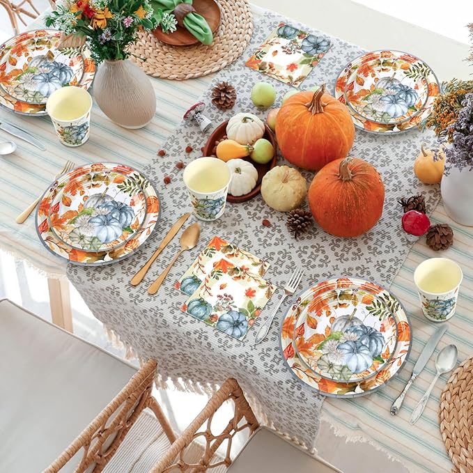 Hsei 250 Pcs Fall Blue Pumpkin Plates and Napkins Party Decorations Disposable Tableware Sets Baby Shower Birthday Party Supplies Serves 50 Guests Dinnerware Baby Bridal Shower Favors