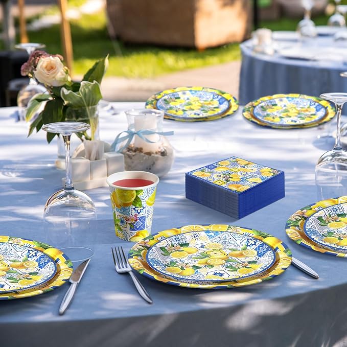 Hsei 250 Pcs Capri Lemon Plates and Napkins Party Decorations Disposable Tableware Sets Festival Birthday Party Supplies Serves 50 Guests Dinnerware Bridal Shower Party Favors