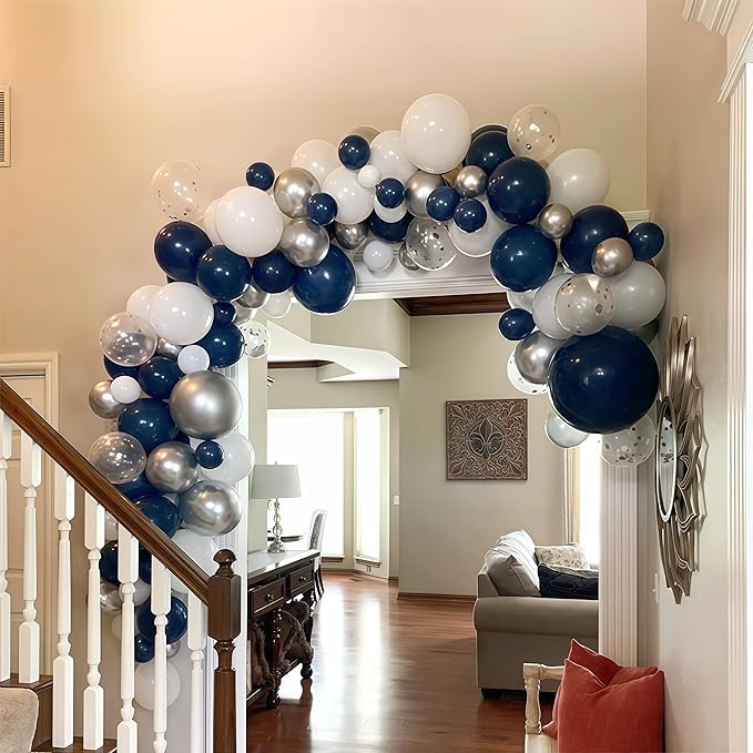 Navy Blue and Silver Balloons, Pearl Navy Blue Metallic Silver Latex Balloons Set Decor with 12 Inch Silver Blue Confetti Balloon for Boys Men Birthday Baby Shower Wedding Graduation Party Decorations
