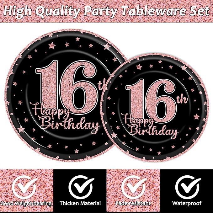 96 Pieces Rose Gold 16th Birthday Party Plates Sweet 16th Theme Party Decorations Black Rose Gold Paper Plates and Napkins Pink Birthday Disposable Dessert Tableware Set 16 Years Supplies 24 Guests