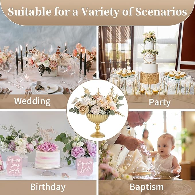 Sziqiqi Urn Vase for Wedding Centrepiece: 7.9in Gold Compote Bowl Vase Table Decorations - Floral Arrangement Pots Set of 10 - Metal Decorative Vases for Party Reception Dinner Table