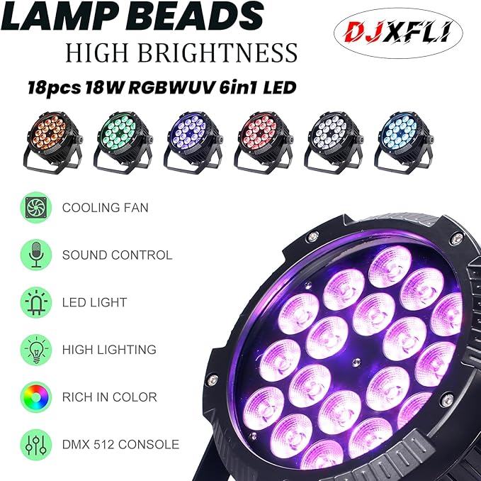 Outdoor Waterproof LED Par Lights 18x18W RGBWA UV 6in1 LED Light DMX Control Stage Light DJ Equipment Disco Lighting for Party, Club, Bar, Wedding, Halloween Decorations 2 Pack