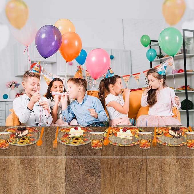 140Pcs Fall Thanksgiving Party Supplies Tableware Set for 20 Guests, Pumpkin Paper Plates and Napkins Cups Tablecloth Cutlery Straws for Autumn Harvest Party Decoration