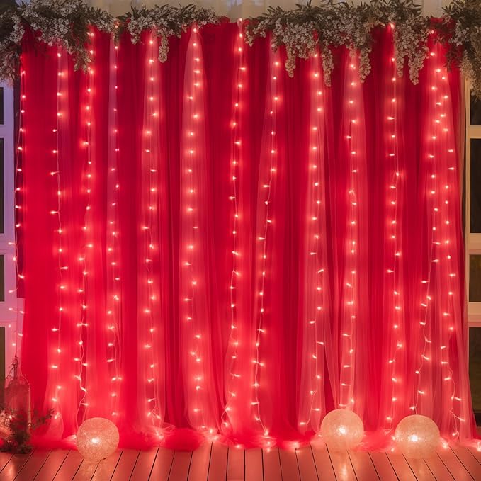 10ft x 8ft Red Backdrop Curtain with Lights String for Parties, Sheer Tulle Wedding Photo Backdrops Drapes for Baby Shower Birthday Party Decorations Background for Photography