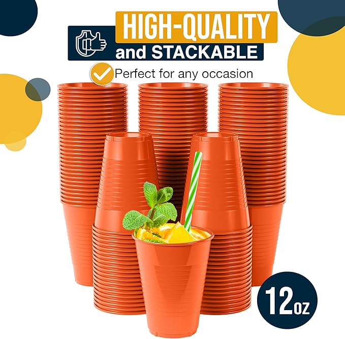 Exquisite Party Solids 12 Oz Orange Plastic Cups For Party Supplies 50 Pack | Orange Disposable Cups Plastic | Disposable Drinkware For Parties, Events & Everyday