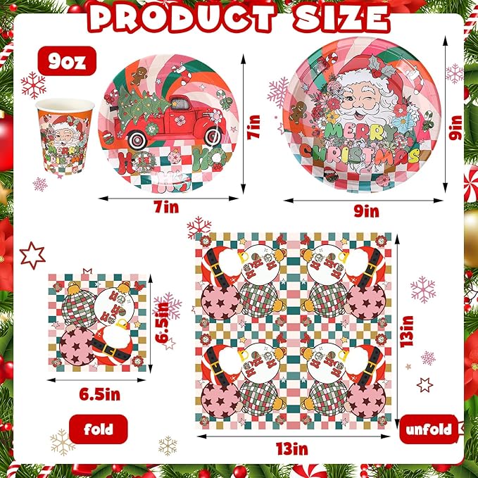 Hsei 250 Pcs Groovy Christmas Plates and Napkins Party decorations Disposable Tableware Sets Baby Shower Birthday Party Supplies Serves 50 Guests Dinnerware Bridal Baby Shower Party Favors
