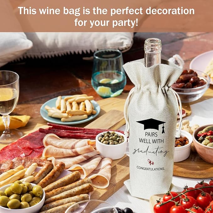 Graduation Wine Gift Bags & Card, Graduation Gifts for Him Her Son Daughter College, Pairs Well With Graduating, 1 pcs Reusable Burlap Wine Gift Bags for Wine Bottles, Graduation Party Decor Favor -26