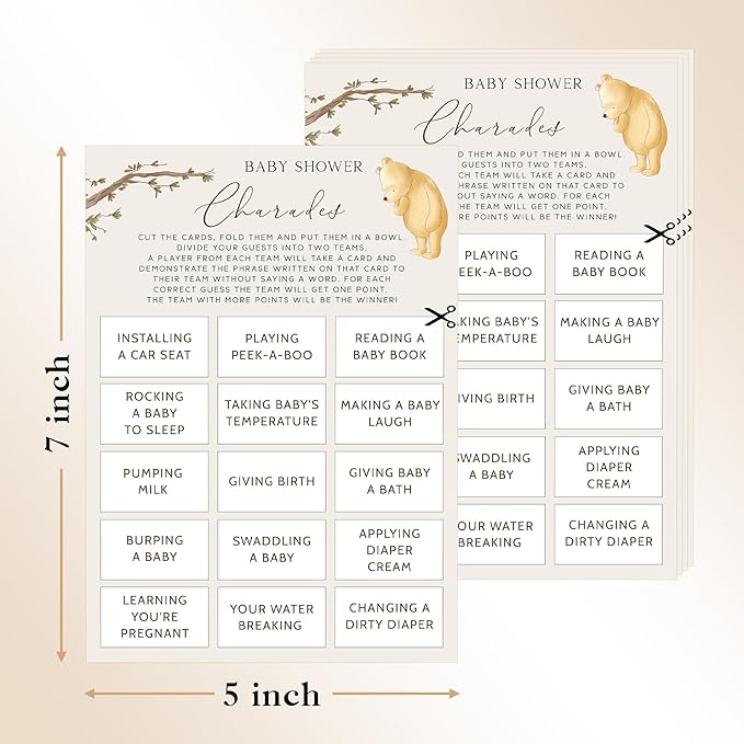 Winnie Baby Shower Games, Baby Shower Charades, Baby Shower Game Cards, Set of 30, Winnie The Pooh Party Favors, Baby Shower Party Games Supplies & Activities, Baby Shower Decorations