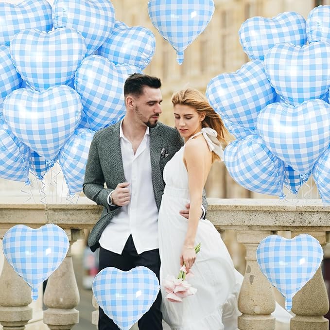 Blue White Checkered Heart Balloons, 10 Pcs Light Blue Grid Heart Shape Balloon, 18 Inch Lattice Foil Valentines Balloons for Kids Boys Birthday Wedding Valentines Bridal Baby Shower Party Decorations