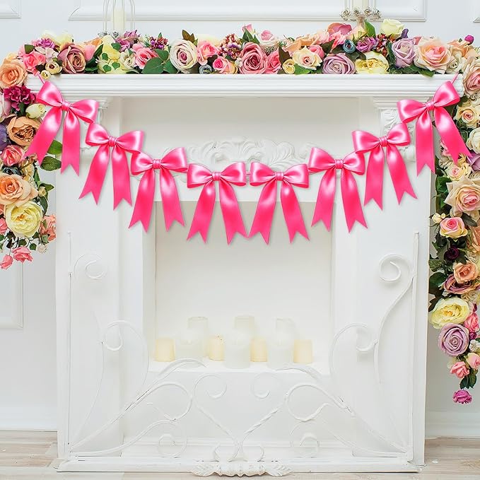 1 String of 8PCS Hot Pink Bow Garland Banner Decoration,Pre-Strung Satin Ribbon Ornaments for Birthday,Bachelorette Party,Bridal Shower,Wedding,Engagement,Baby Shower,Graduation Decor,Anniversary