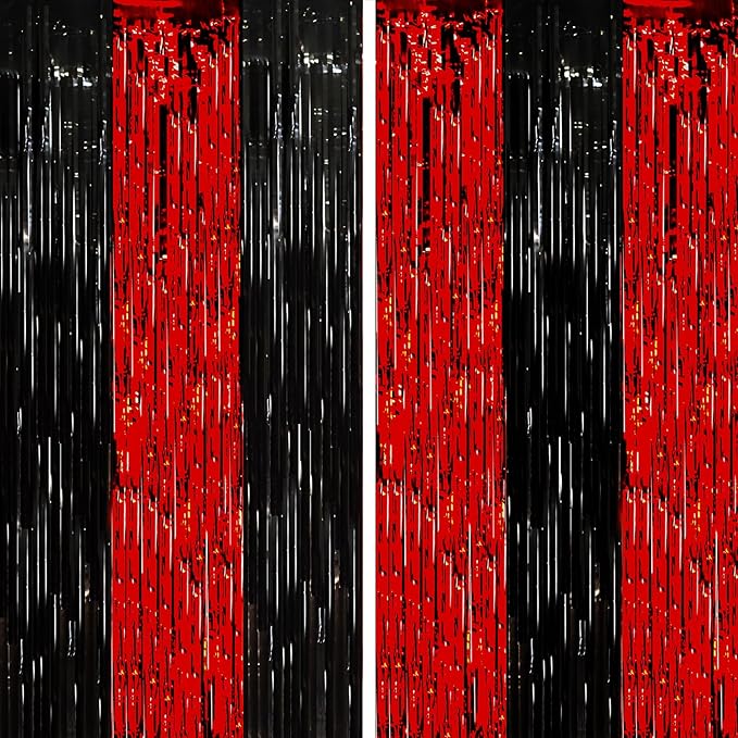2 Pack Red and Black Tinsel Foil Fringe Curtains, Red and Black Party Decorations, Metallic Tinsel Party Streamers Backdrop for Halloween Birthday Red Carpet New Years Party Decorations