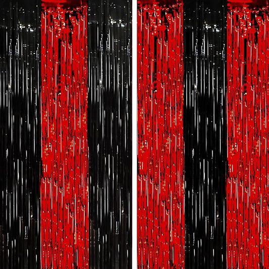 2 Pack Red and Black Tinsel Foil Fringe Curtains, Red and Black Party Decorations, Metallic Tinsel Party Streamers Backdrop for Halloween Birthday Red Carpet New Years Party Decorations