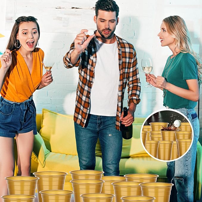 Dualshine 100 Pack Gold Plastic Cups 16 oz,Disposable Cups for Party,Heavy Duty Drinking Cups, Graduation Shot Cup for Wedding Birthday Beer Taste Serving Snack Sample Tastings Barbecues Picnic