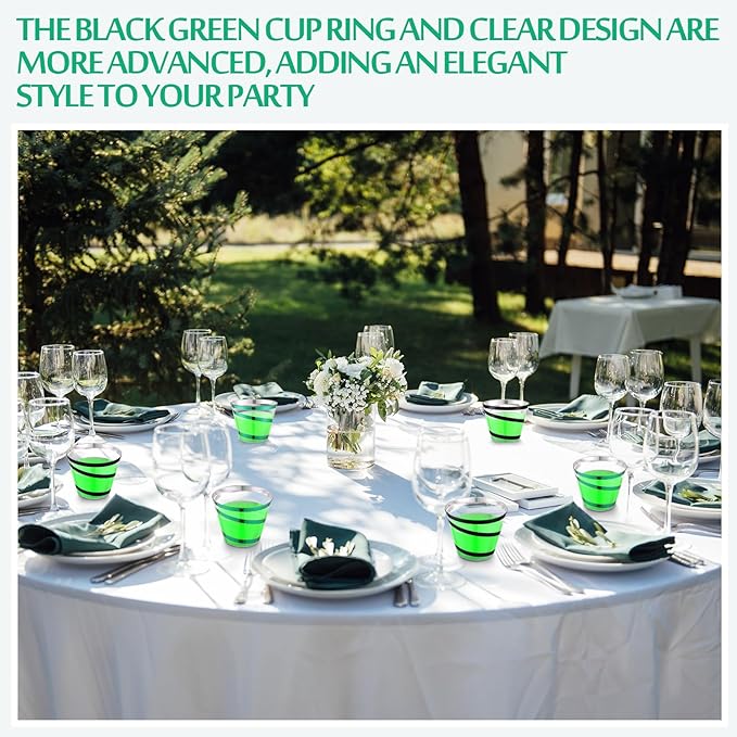 Gejoy 9 oz Rimmed Swirl Plastic Cups Disposable Wine Drinking Cups Clear Elegant Halloween Tumblers for Christmas Party Supplies(Black，green,100 Pcs)