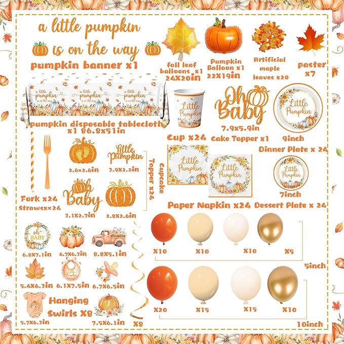 Fall Little Pumpkin Baby Shower Decorations,Fall Plates and Napkins Party Supplies with Pumpkin Plates,Napkins,Banner,Balloons,Cutlery,Yellow Tablecloth for 24 Guests Thanksgiving Festival