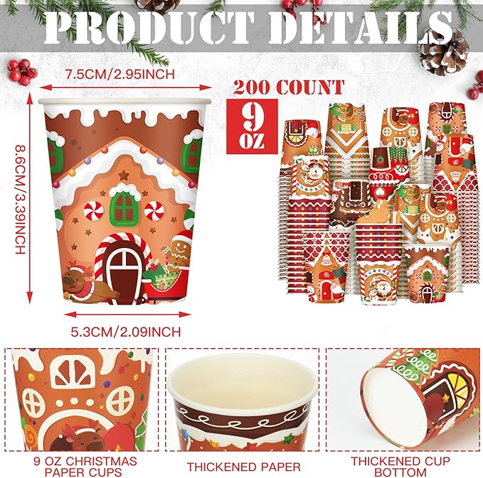 Zhehao 200 Pcs Christmas 9 oz Paper Cups Disposable Coffee Cups Santa Snowman Elk Disposable Hot Cups Xmas Party Drinkware Supplies for Holiday Tea Beverage Cocoa Cold Hot Drink (Gingerbread Style)