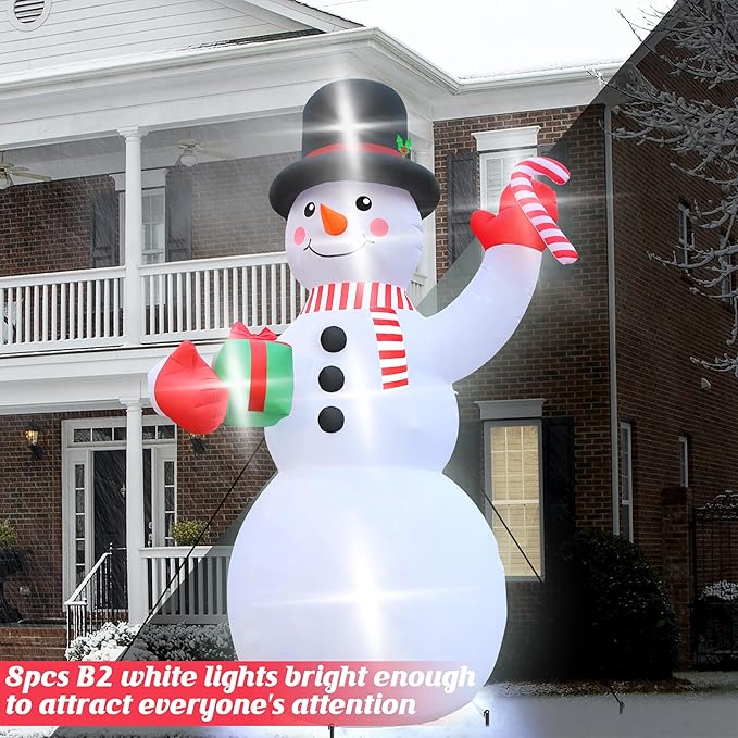 Christmas Inflatables, 14FT Snowman with Present Box and Candy Cane, Lighted Christmas Snowman Blow Up Decorations, Christmas Outdoor Inflatable Decor for Xmas Holiday Party Lawn Garden Patio