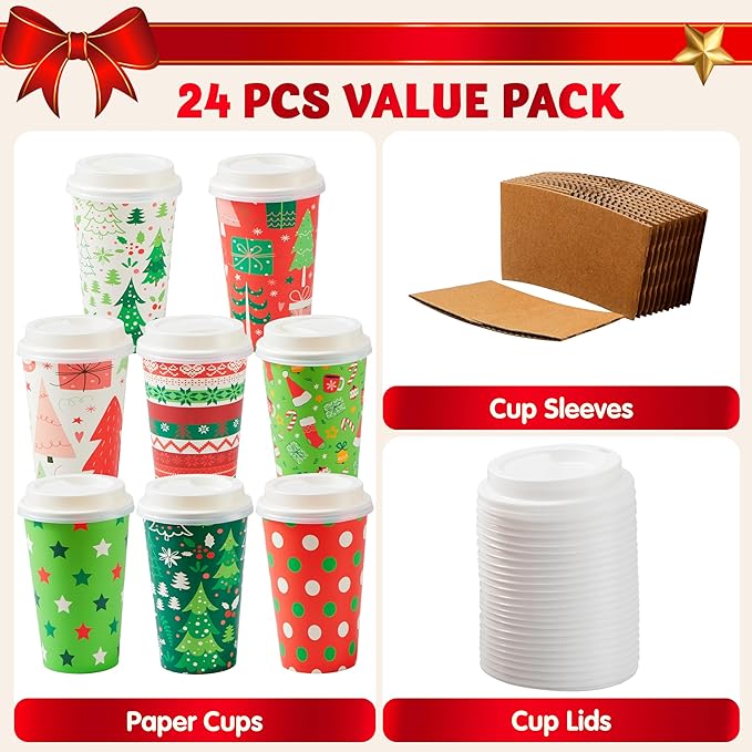 JOYIN 24 PCS Christmas Disposable Paper Cups, 16 oz Merry Christmas Party Cups With Sleeves and Lids, 8 Designs Xmas Coffee Drinkware, Beverages Tableware Holiday Supplies Favors