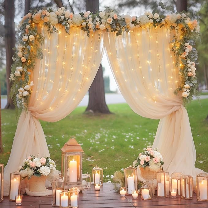 10ft x 8ft Champagne Backdrop Curtain with Lights String for Parties, Sheer Tulle Wedding Photo Backdrops Drapes for Baby Shower Birthday Party Decorations Background for Photography