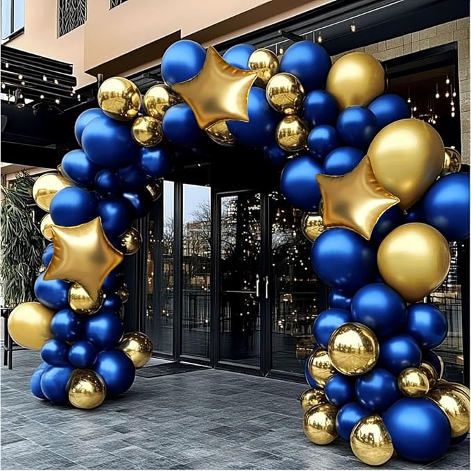 Royal Blue and Gold Balloon Garland Arch Kit, 160Pcs Dusty Blue Gold Latex Balloons with Star Foil Balloons for Baby Shower Graduation Wedding Anniversary Birthday Party Decorations