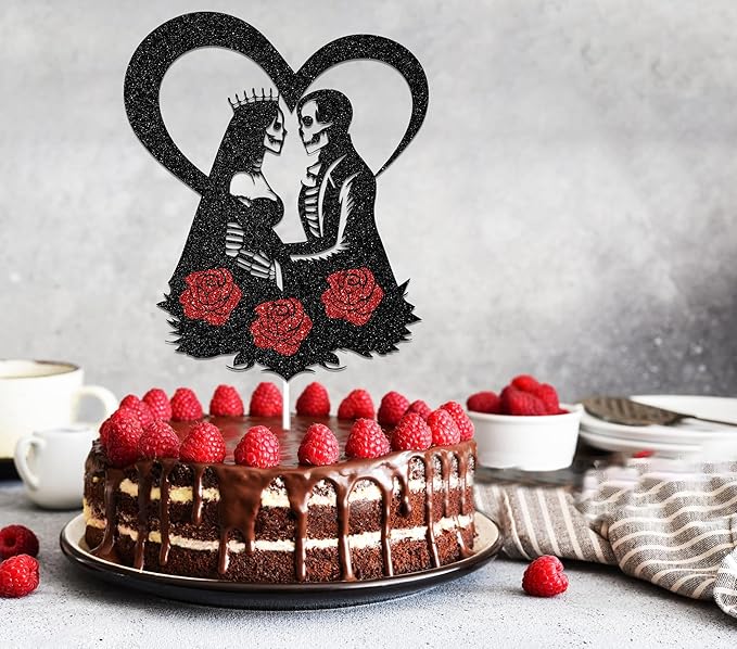 Halloween Bride or Die Engagement Wedding Cake Topper, Halloween Wedding Decorations, Skull Silhouette Cake Topper Party Decorations Supplies Black & Red