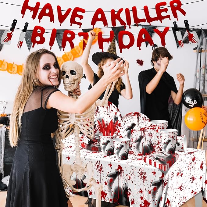 Have a Killer Birthday Decoration,142PCS Halloween Scary Party Tableware Decorations Include Killer Banner Horror Plates Napkins Bloody Tablecloth for Horror Themed Birthday Supplies