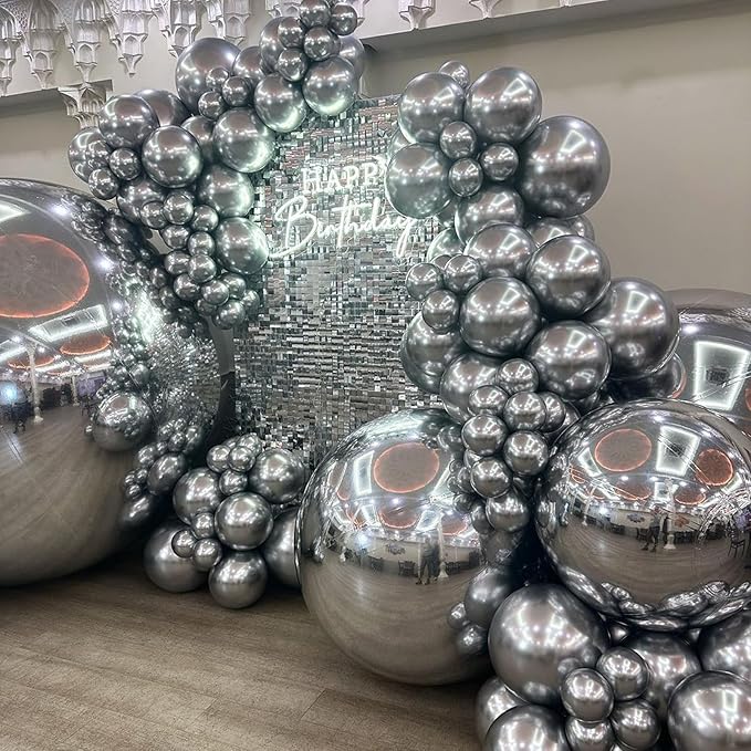 Metallic Silver Balloons - 50pcs, 12 Inch Chrome Silver Latex Balloons for Birthday, Graduation, Anniversary, Wedding & Party Decorations