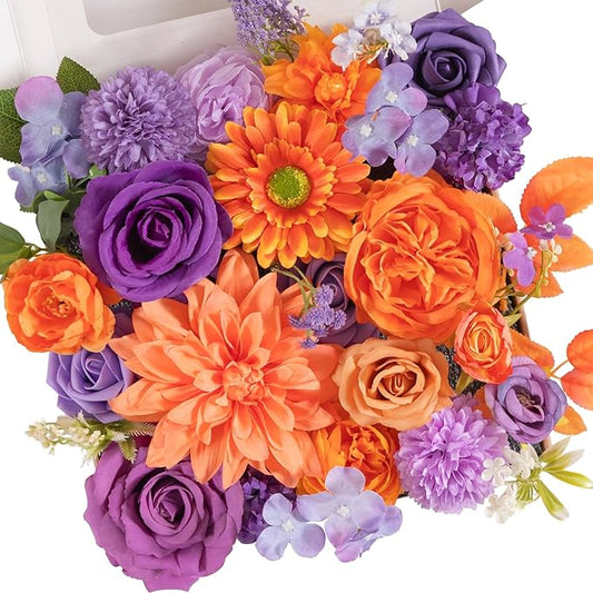 TINGE TIME Rose Artificial Flowers Combo, Fake Foam Roses with Stems for DIY Autumn Wedding Bridal Shower Party Table Centerpieces Fake Floral Arrangement Home Decor(Burnt Orange and Purple)