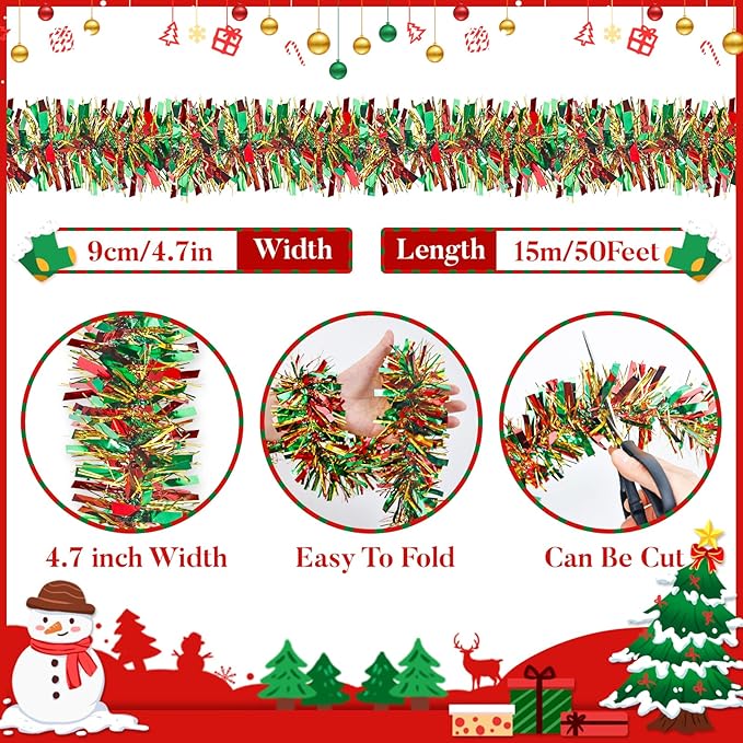 50Ft Christmas Tinsel Twist Garland, Metallic Twist Garland Tree Decorations for Christmas Tree New Year Party Birthday Holiday Supplies Indoor and Outdoor Decoration (Red Green Gold)