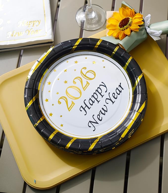 2026 New Year Plates and Napkins Party Supplies - Serves 25 - Happy New Year Eve 9 Inch and 7 Inch Plates, Napkins NY Party Decorations Favors
