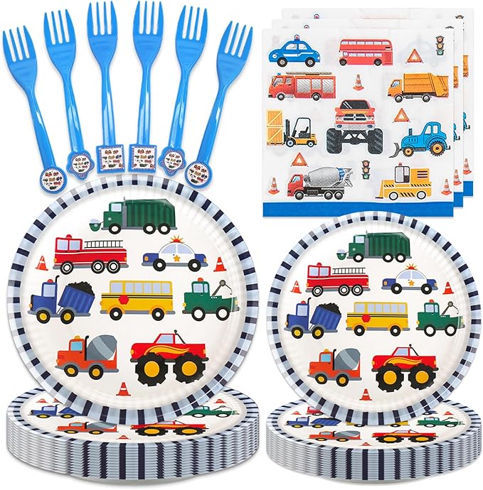 96Pcs Tansportation Party Supplies Traffic Cars Trucks Theme Tableware Set Plates Napkins Forks Serves 24 Guests Transport Vehicle Baby Shower Birthday Party Decorations