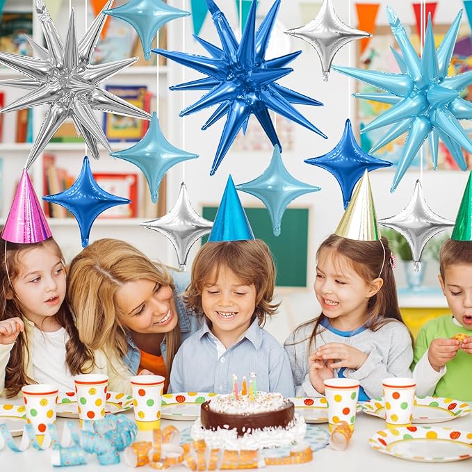 Blue Silver Star Balloons Kit with 6pcs 22in Cone Foil Balloons and 10pcs 10in Four Pointed Star Balloons for Birthday Anniversary Disco Party Decorations