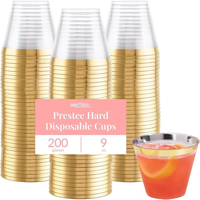 Prestee Hard Disposable Cups - Heavy Duty Fancy Plastic Cups - Plastic Cocktail Drinkware - Disposable Drinking Cup 9 oz - Bulk Drinking Glasses for Wedding - 200ct Gold Tumblers