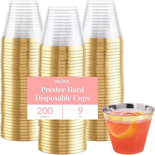 Prestee Hard Disposable Cups - Heavy Duty Fancy Plastic Cups - Plastic Cocktail Drinkware - Disposable Drinking Cup 9 oz - Bulk Drinking Glasses for Wedding - 200ct Gold Tumblers