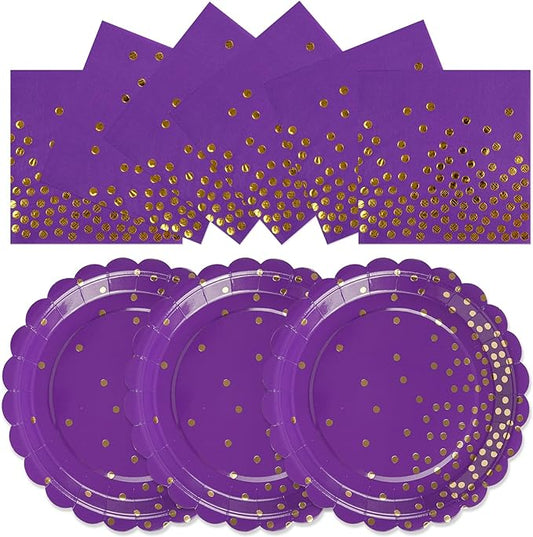 50PCS Purple Paper Plates and Napkins Set - Purple and Gold Dot Party Plates Disposable Party Tableware Dinnerware Set Party's Supplies Decorations for Birthdays, Baby Shower, Weddings and Holidays