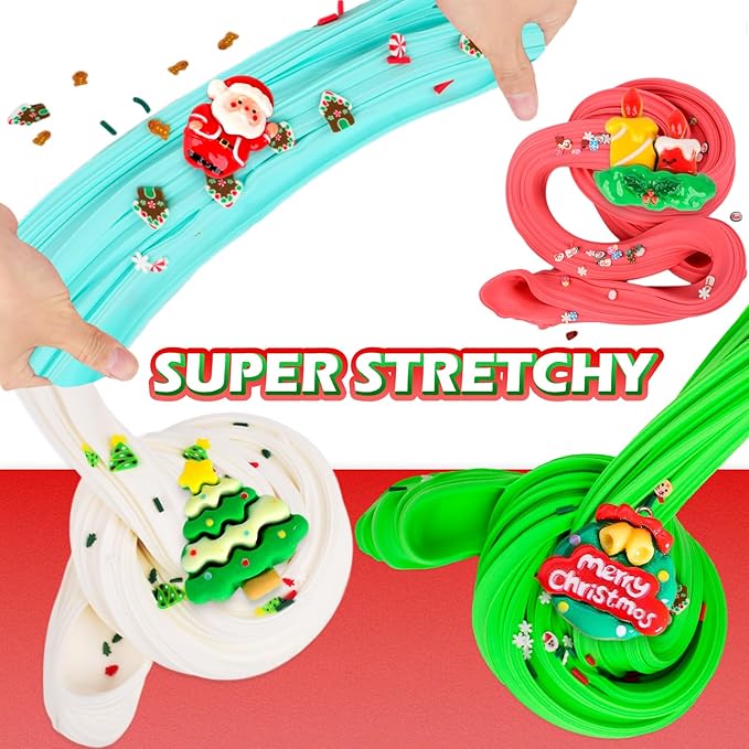 Christmas Butter Slime Kit 4 Pack, Santa Claus, Xmas Tree, Wreath, Candlestick Charms Mix Ins for Girl Boy, Holiday Slime for Christmas Stocking Stuffers, Premade Xmas Slime Kids Party Favors