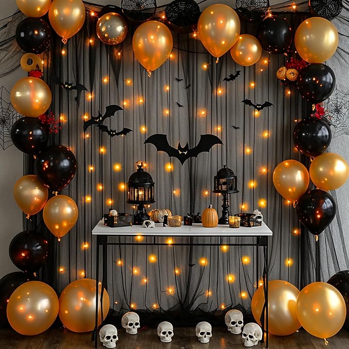 10ft x 10ft Black Backdrop Curtain with Lights String for Parties, Sheer Tulle Wedding Photo Backdrops Drapes for Baby Shower Birthday Party Decorations Background for Photography