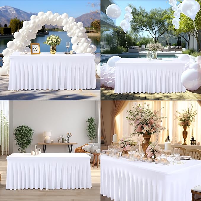 1 Pack White Table Clothes for 6 Foot Rectangle Tables, One-Piece Wrinkle Resistant Stretch Spandex Table Covers with Skirt for Event Banquet Wedding Birthday Party