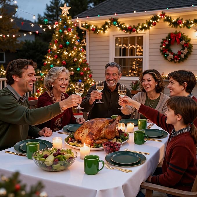 WDF 150Pcs Green Plastic Plates - Green Plates Disposable with Gold Rim - 25Guest Disposable Dinnerware Include 50 Christmas Plastic Plate, 75 Gold Cutlery & 25 9oz Cups for Christmas & Parties