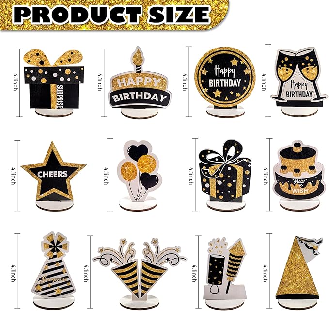Happy Birthday Table Decorations & Centerpieces - 12-Piece Black & Gold Wooden Glitter Party Decor Set | Elegant & Reusable Birthday Supplies for Men, Women & Kids