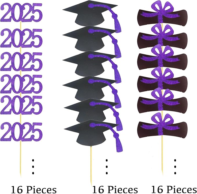 2025 Graduation Cupcake Toppers, 48 PCS Food/Appetizer Picks For Graduation Party Mini Cake Decorations, Diploma, 2025, Grad Cap Set 48 Pieces (05 Purple)
