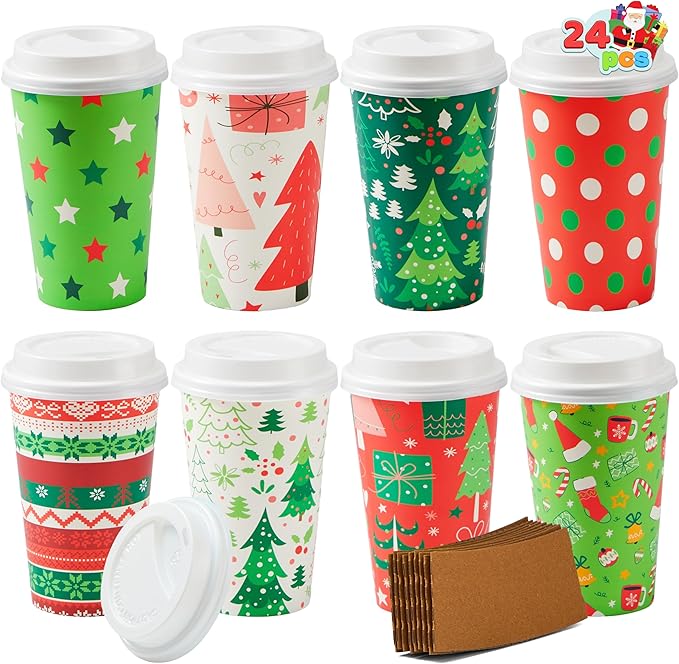 JOYIN 24 PCS Christmas Disposable Paper Cups, 16 oz Merry Christmas Party Cups With Sleeves and Lids, 8 Designs Xmas Coffee Drinkware, Beverages Tableware Holiday Supplies Favors