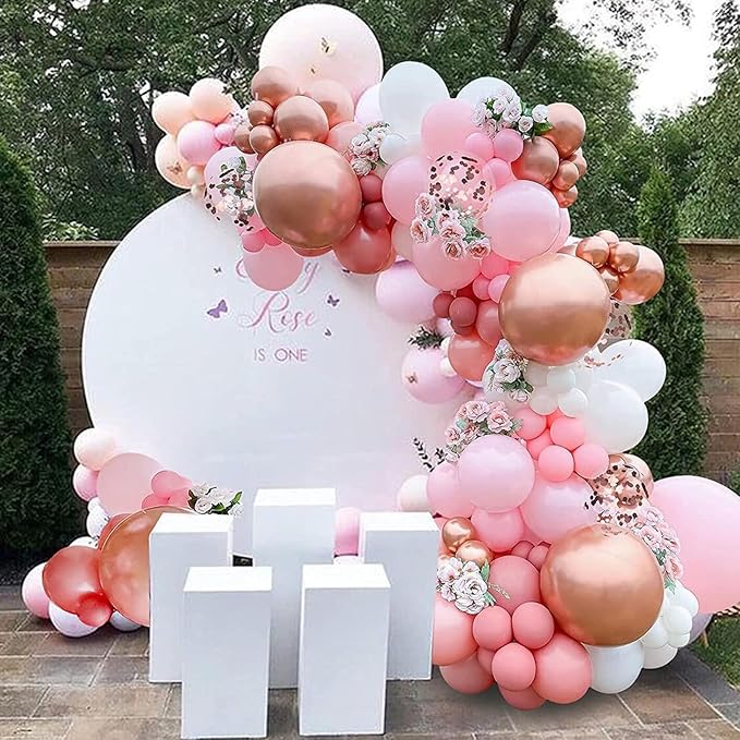 Biapian Pink & White Metallic Chrome Confetti Latex Balloons - 12 Inch Ribbon Party Balloons Set for Girls' Birthday Princess Parties