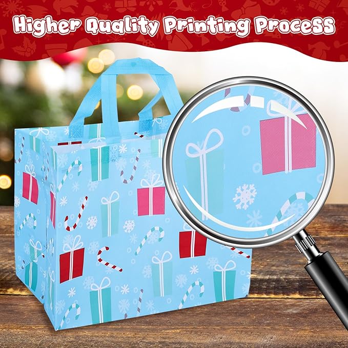18pcs Christmas Gift Bags, Christmas Tote Bags with Handles, Reusable Shopping Bags, Santa Claus Print for Christmas Parties Gifts Wrapping Holiday Party Supplies (Multicolor Modern)