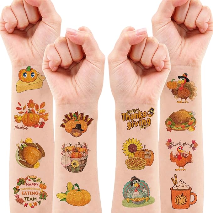 96 PCS Funny Happy Thanksgiving Food Pre-cut Temporary Tattoos Stickers Fall Autumn Birthday Party Decorations Supplies Favors Decor Cute Pumpkin Turkeys Dinner Tattoo Gifts Boys Girls Prizes Holiday